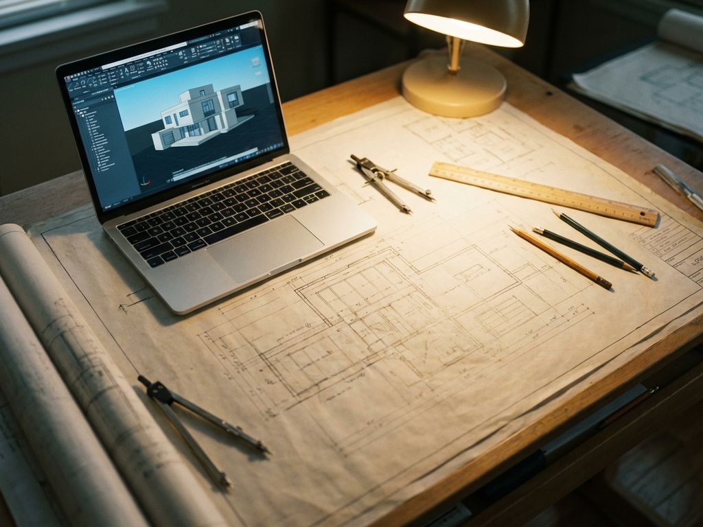 Laptop displaying 3D CAD building model on drafting table with architectural blueprints and drafting tools under desk lamp