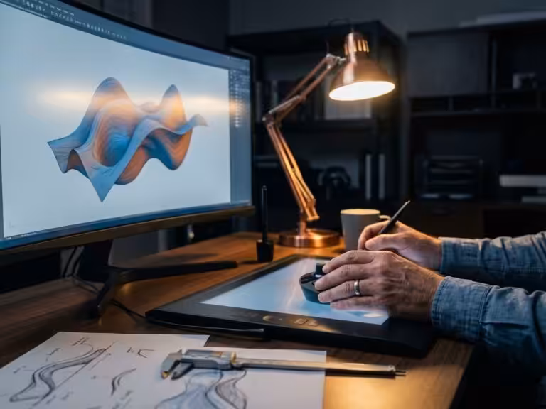 Engineer's hands manipulating complex 3D curved model on computer monitor at modern CAD workstation with warm lighting