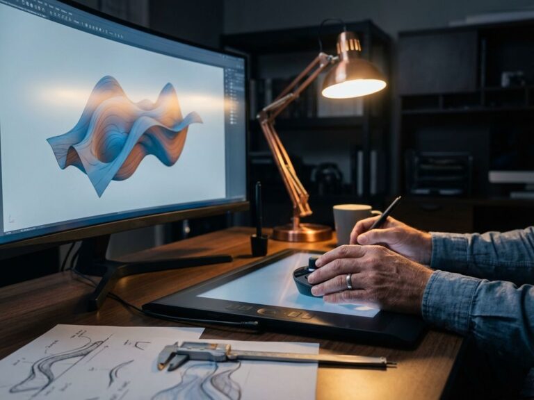 Manos de ingeniero manipulando un complejo modelo curvo 3D en el monitor de un ordenador en una moderna estación de trabajo CAD con iluminación cálida