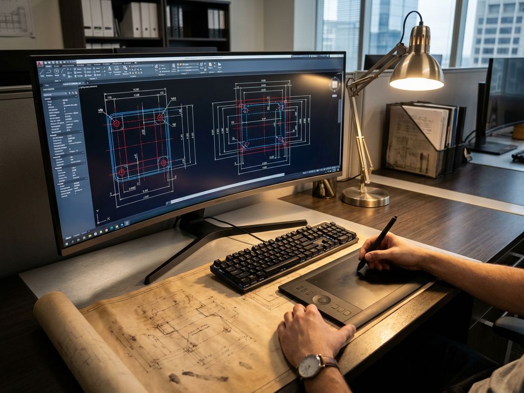 Modern computer workstation with CAD blueprints on monitor, engineer's hand with digital stylus over graphics tablet