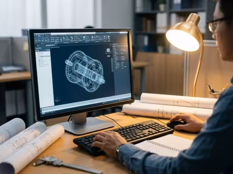 Engineer adjusting 3D mechanical part on CAD workstation monitor with technical drawings on desk in modern office workspace