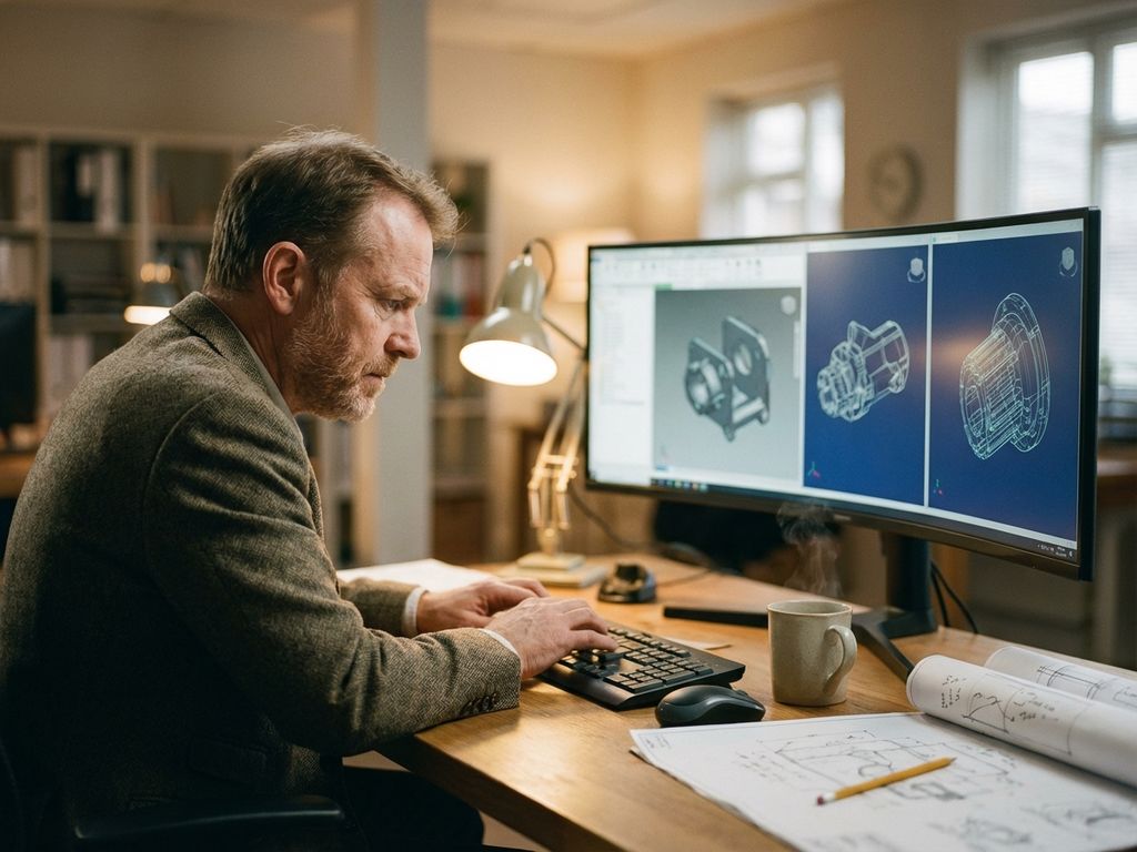 Professional working at desk with CAD software displaying 3D mechanical designs on monitor, coffee cup and sketches nearby