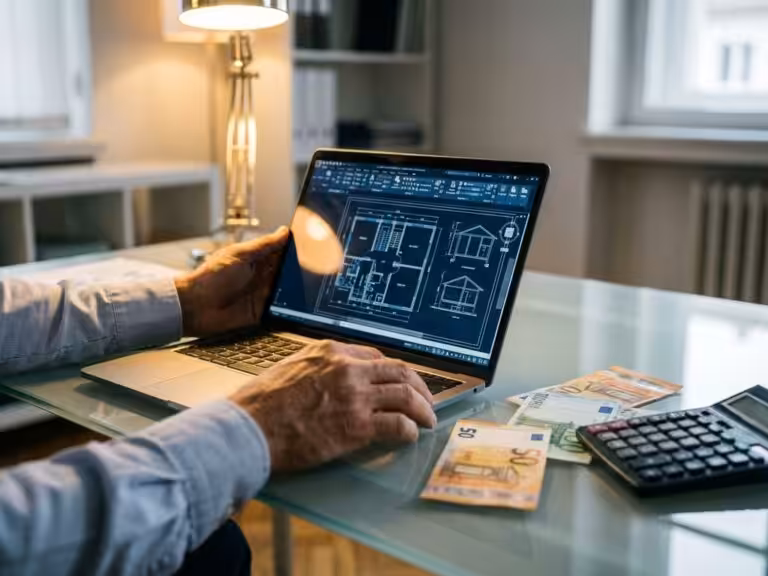 Professional hands holding laptop displaying CAD engineering blueprints with euro banknotes and calculator on glass desk