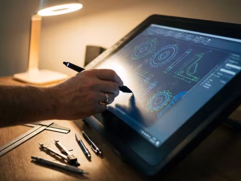 Engineer using digital stylus on graphics tablet displaying CAD blueprints with drafting tools on modern desk