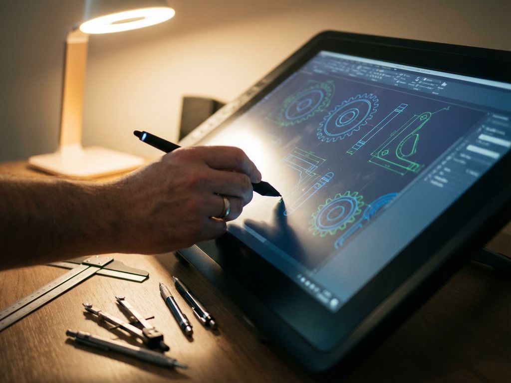 Engineer using digital stylus on graphics tablet displaying CAD blueprints with drafting tools on modern desk