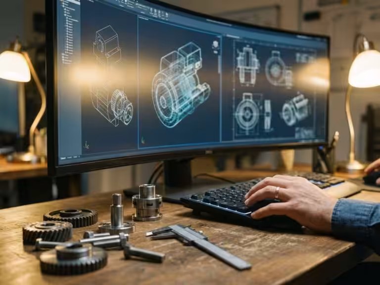 Engineer's hand on mouse at workstation with 3D CAD blueprints on monitor and mechanical parts on desk