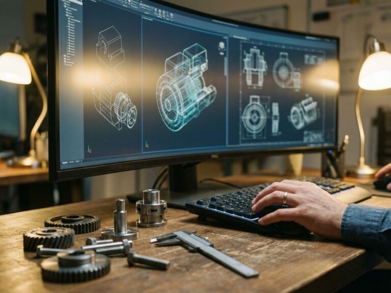 Mano de ingeniero sobre el ratón en una estación de trabajo con planos CAD en 3D en el monitor y piezas Mechanical sobre el escritorio.