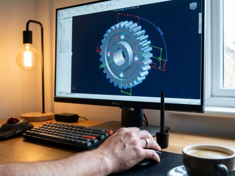 Mano de diseñador ajustando un modelo CAD 3D en la pantalla del ordenador con líneas azules de parámetros en una moderna estación de trabajo de ingeniería