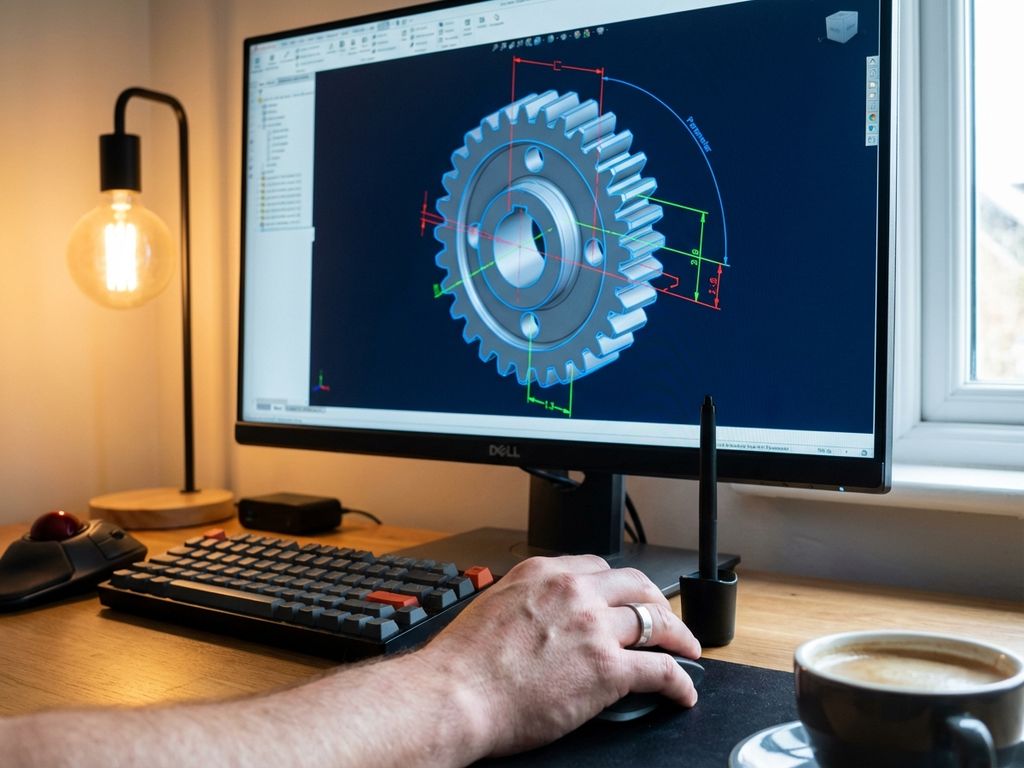 Designer's hand adjusting 3D CAD model on computer screen with blue parameter lines at modern engineering workstation
