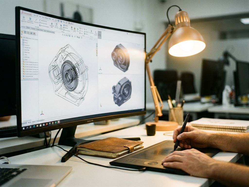Designer's hands manipulating 3D CAD model on computer monitor at modern workstation with drawing tablet and stylus