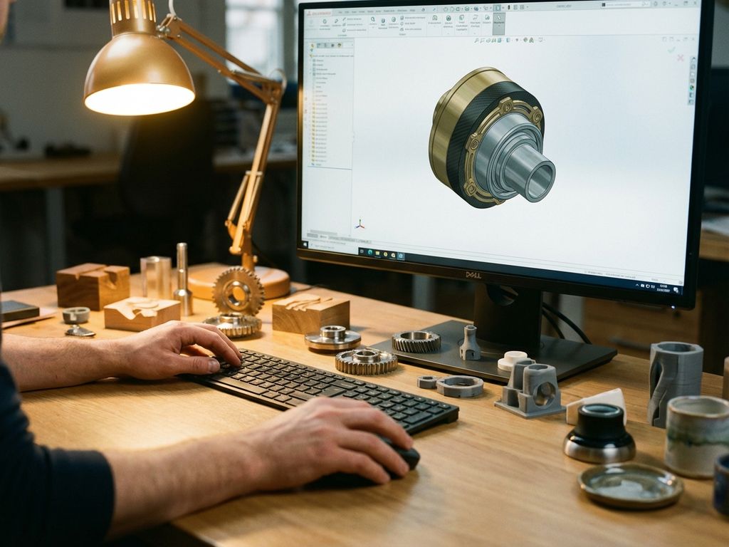 Engineer using CAD software to design mechanical part on computer monitor with material samples on desk
