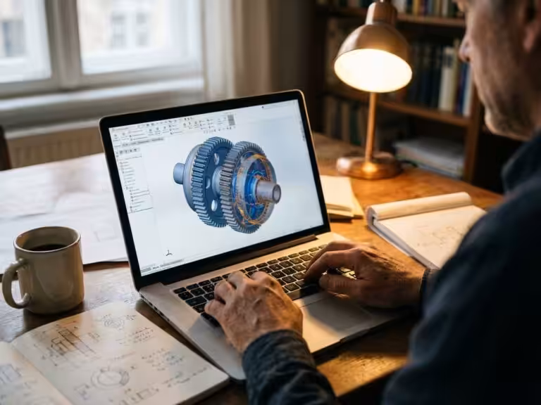 Person typing on laptop displaying rotating 3D CAD mechanical part model, with coffee cup and sketched notebook on desk
