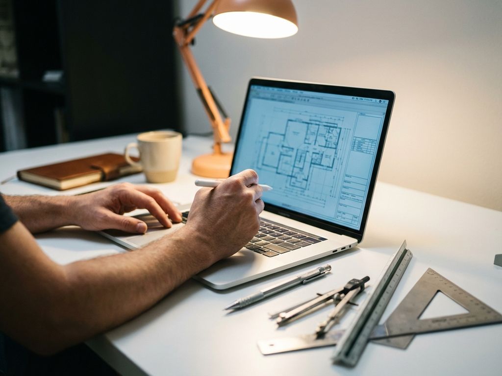 Professional designer working on laptop displaying CAD blueprints with drawing tools on white desk under warm lighting.