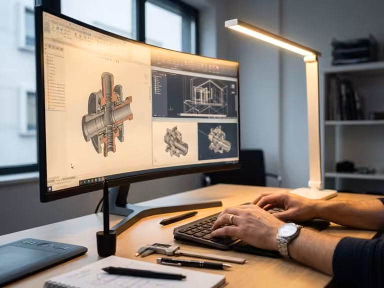 Professional designer working at computer with CAD software displaying 3D mechanical blueprints on curved monitor