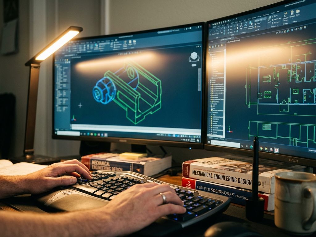 Designer's hands typing on keyboard with dual monitors displaying CAD software, 3D mechanical drawings, and architectural blueprints.