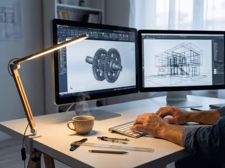 Designer working at computer with CAD software displaying 3D mechanical parts and architectural models on multiple monitors