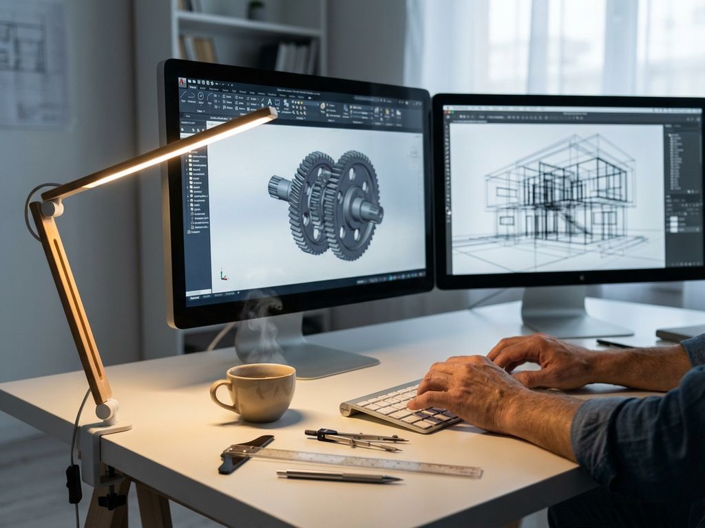 Designer working at computer with CAD software displaying 3D mechanical parts and architectural models on multiple monitors