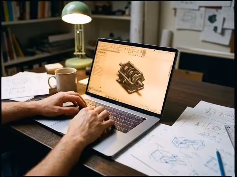 Person using CAD software on laptop to design 3D mechanical part, with engineering sketches and coffee on wooden desk