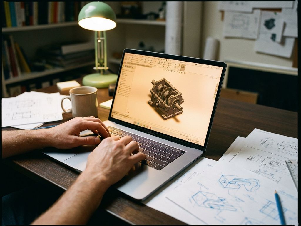 Person using CAD software on laptop to design 3D mechanical part, with engineering sketches and coffee on wooden desk