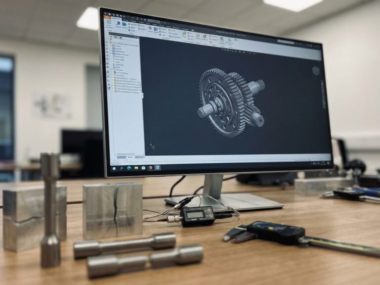 Computer monitor displaying CAD software with 3D mechanical component model, surrounded by metal test specimens and engineering tools