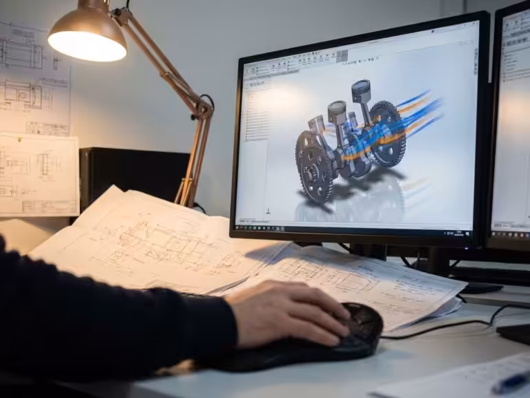 Engineer using computer workstation with 3D CAD software displaying animated mechanical assembly with gears and pistons