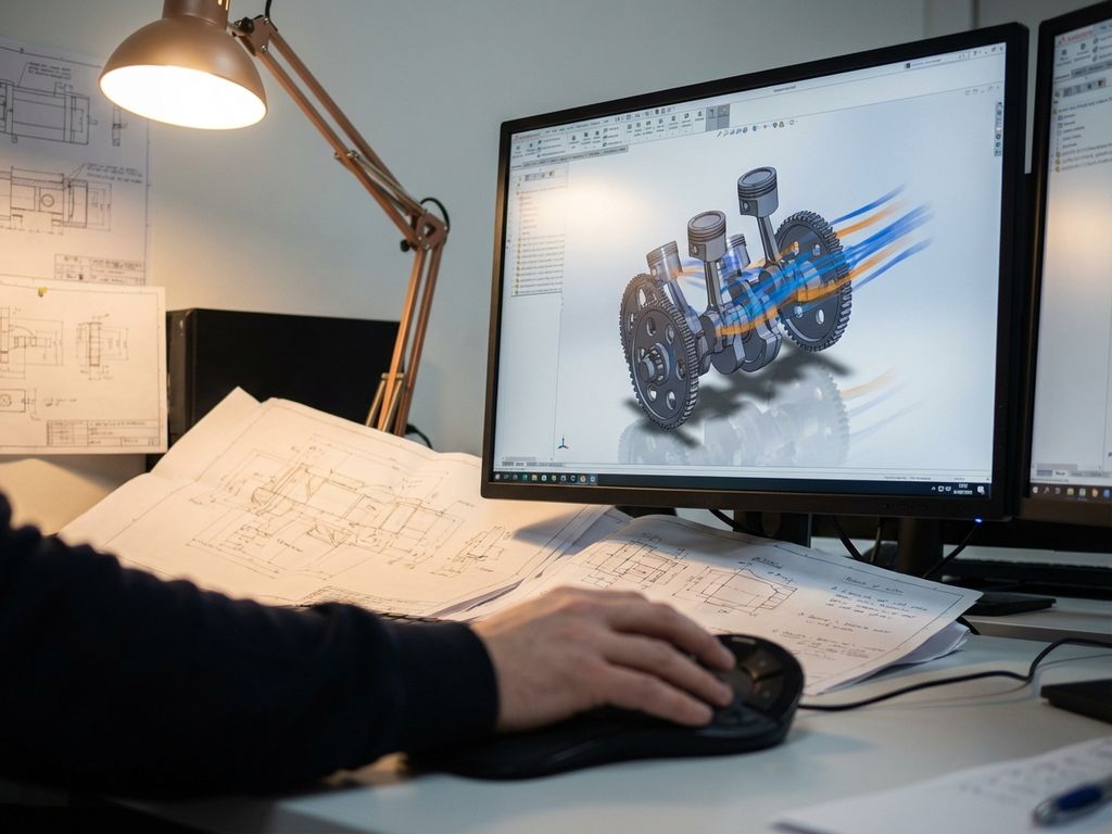 Engineer using computer workstation with 3D CAD software displaying animated mechanical assembly with gears and pistons