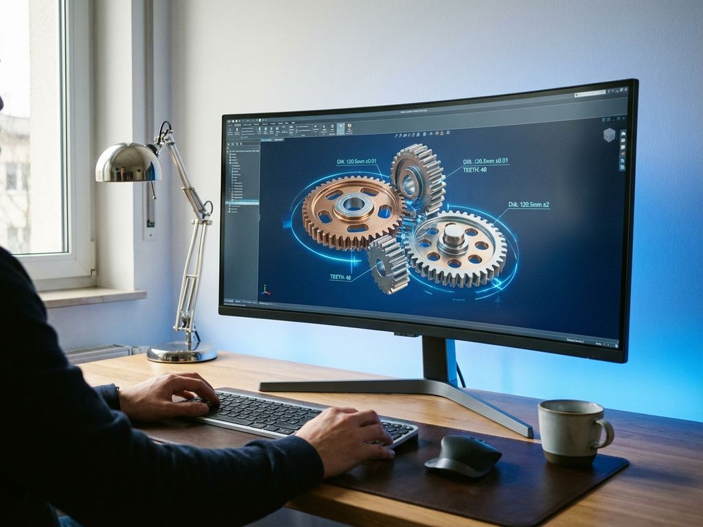 Modern computer workstation displaying 3D CAD mechanical gears model with parametric dimensions, coffee cup and mouse on desk