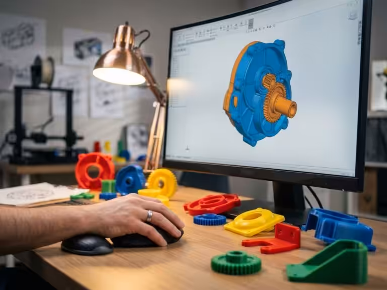 CAD software displaying 3D plastic component on computer monitor with colorful prototype parts and designer's hand on mouse