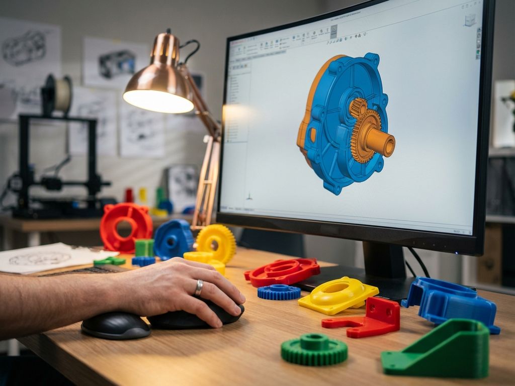 CAD software displaying 3D plastic component on computer monitor with colorful prototype parts and designer's hand on mouse