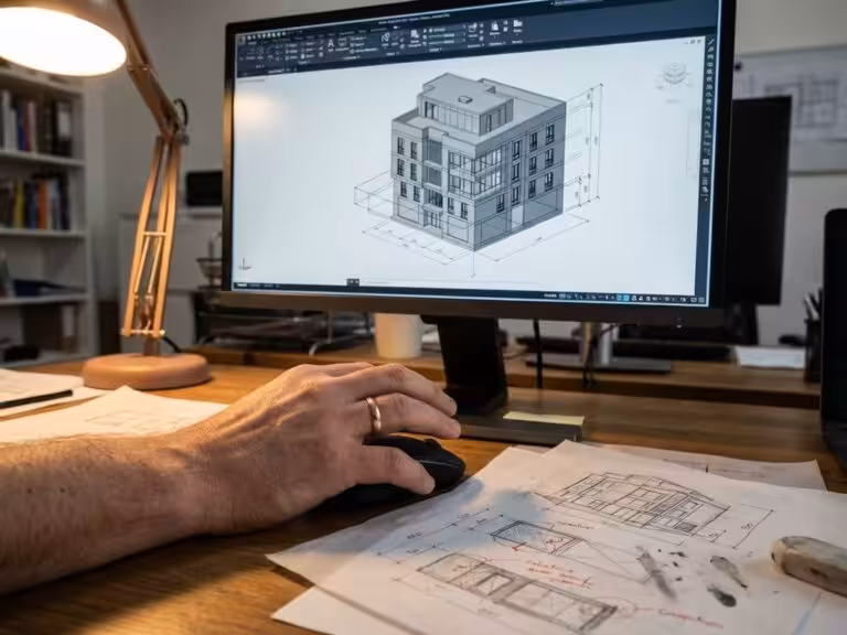 Engineer's hand over computer mouse reviewing detailed 3D architectural CAD model on monitor with paper sketches nearby