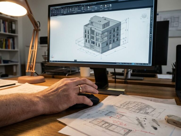 Mano de ingeniero sobre el ratón del ordenador revisando un detallado modelo CAD arquitectónico en 3D en el monitor, con bocetos en papel cerca.