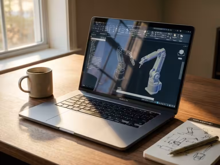 Laptop displaying CAD software with 3D mechanical blueprints on wooden desk with coffee mug and sketched notepad nearby
