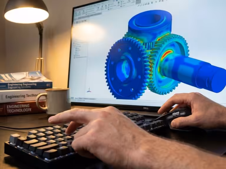 Engineer using CAD software on monitor displaying 3D mechanical component with stress analysis color gradients from blue to red.