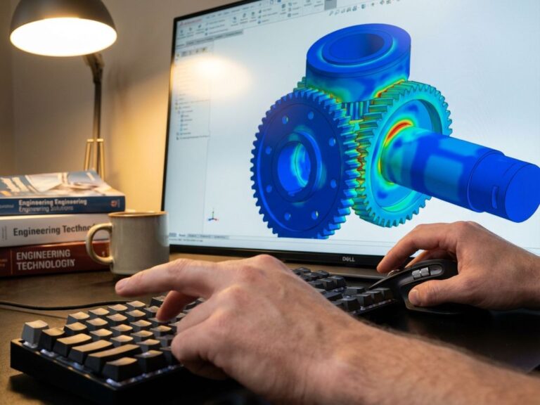 Ingeniero utilizando un programa de CAD en un monitor que muestra un componente Mechanical en 3D con gradientes de color de azul a rojo en el análisis de tensiones.