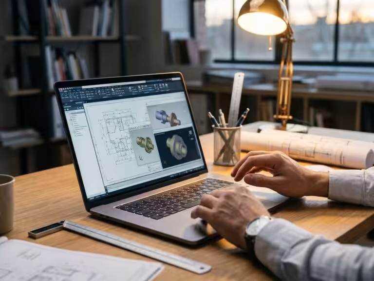 Professional using laptop displaying CAD blueprints and 3D mechanical drawings with architectural tools on modern office desk