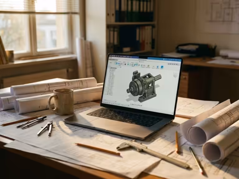 Laptop displaying CAD engineering software with 3D mechanical drawings on office desk surrounded by blueprints and tools