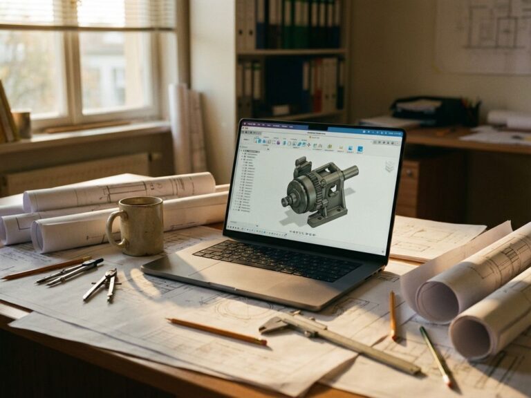 Laptop displaying CAD engineering software with 3D mechanical drawings on office desk surrounded by blueprints and tools