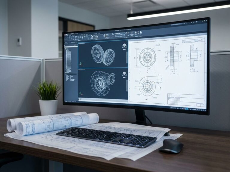 Computer workstation with CAD software displaying 3D engineering blueprints and technical drawings on monitor in modern office