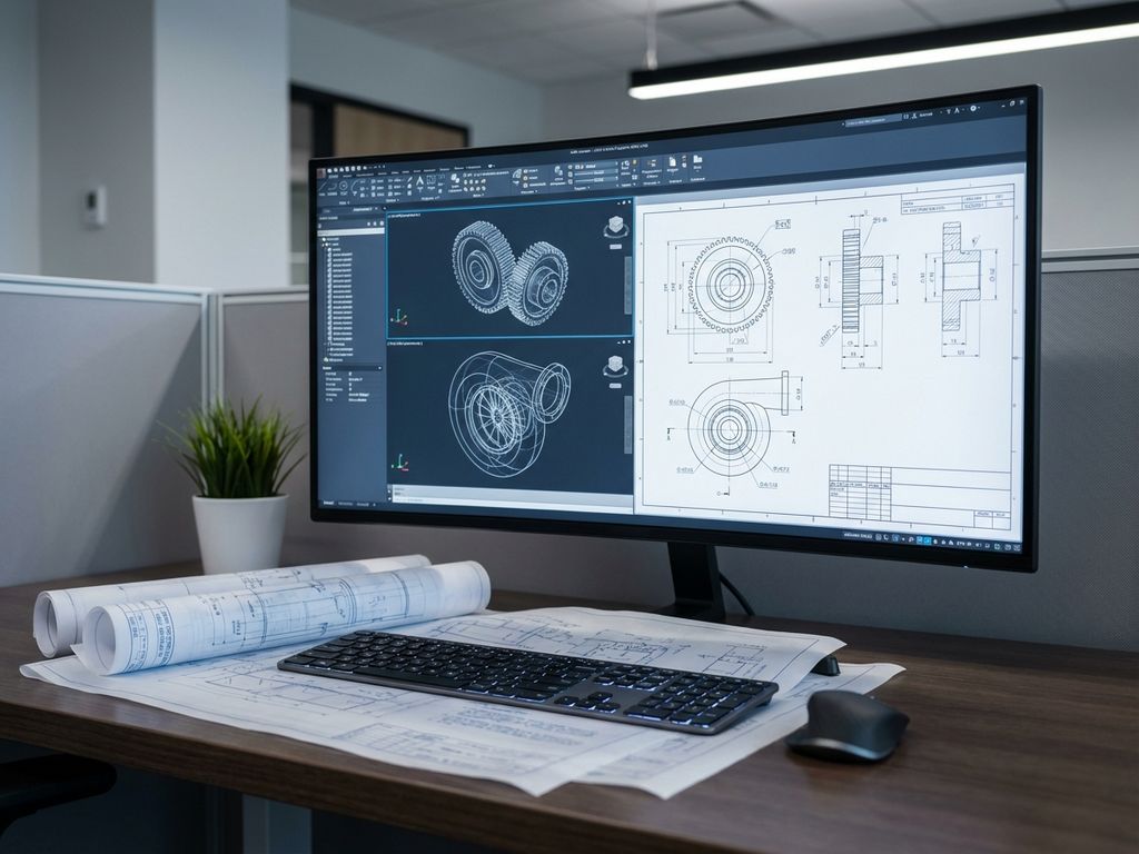 Computer workstation with CAD software displaying 3D engineering blueprints and technical drawings on monitor in modern office