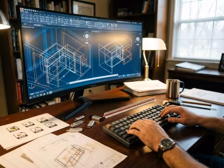 Engineer using CAD software on computer monitor displaying 3D architectural blueprints at modern workstation with drawing tools