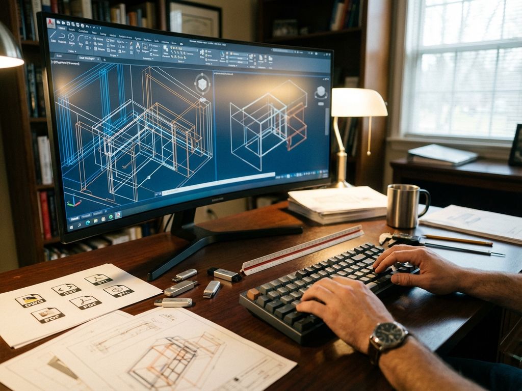 Engineer using CAD software on computer monitor displaying 3D architectural blueprints at modern workstation with drawing tools