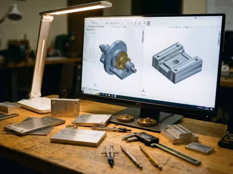 Engineer's workstation with computer monitor displaying 3D CAD models of metal components, surrounded by steel and aluminum samples.