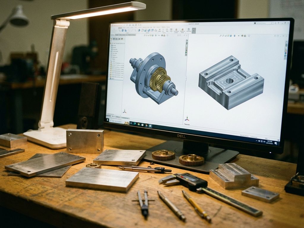 Engineer's workstation with computer monitor displaying 3D CAD models of metal components, surrounded by steel and aluminum samples.
