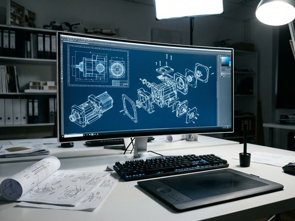 Computer monitor displaying 3D mechanical blueprints and CAD wireframes on professional engineering workstation with graphics tablet