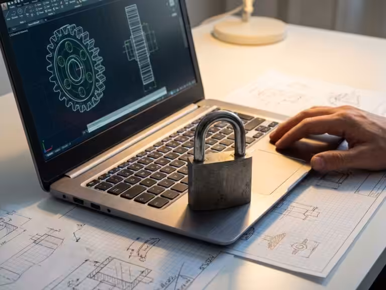 Laptop with CAD software blueprints on screen and metallic padlock on keyboard, technical drawings on white desk