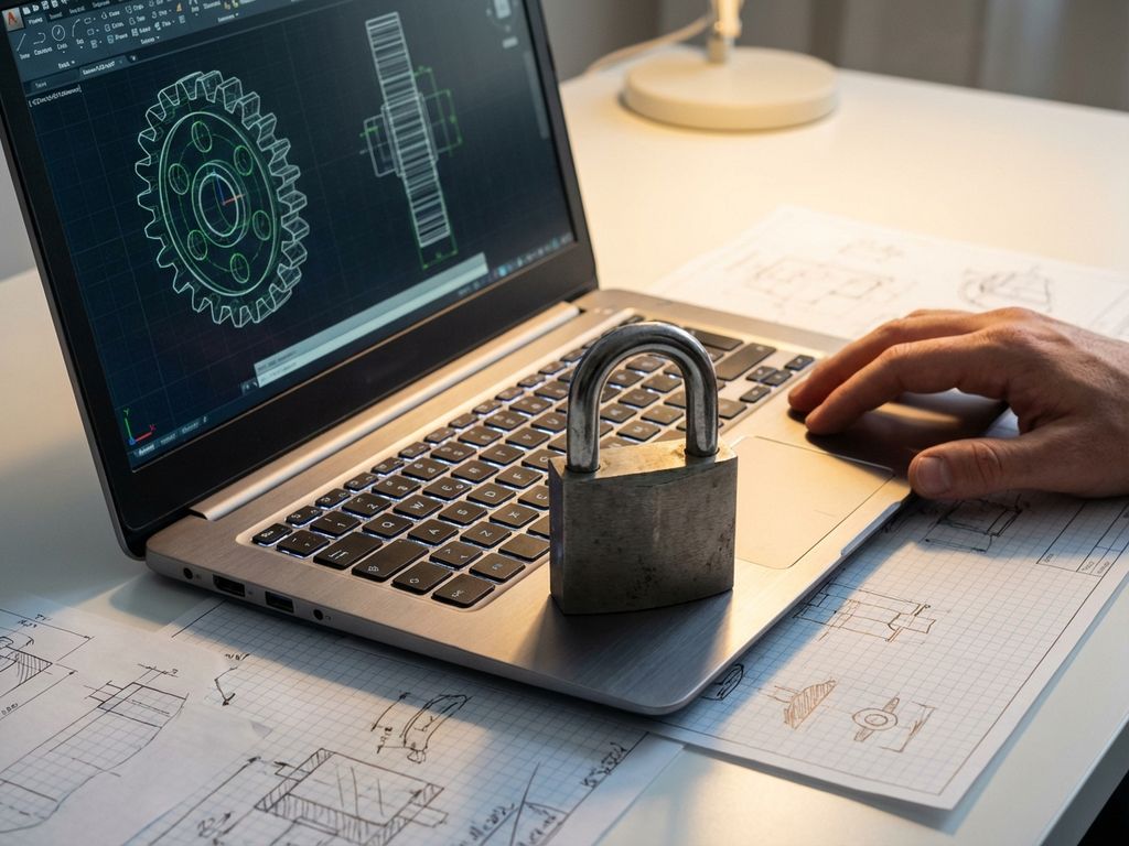 Laptop with CAD software blueprints on screen and metallic padlock on keyboard, technical drawings on white desk