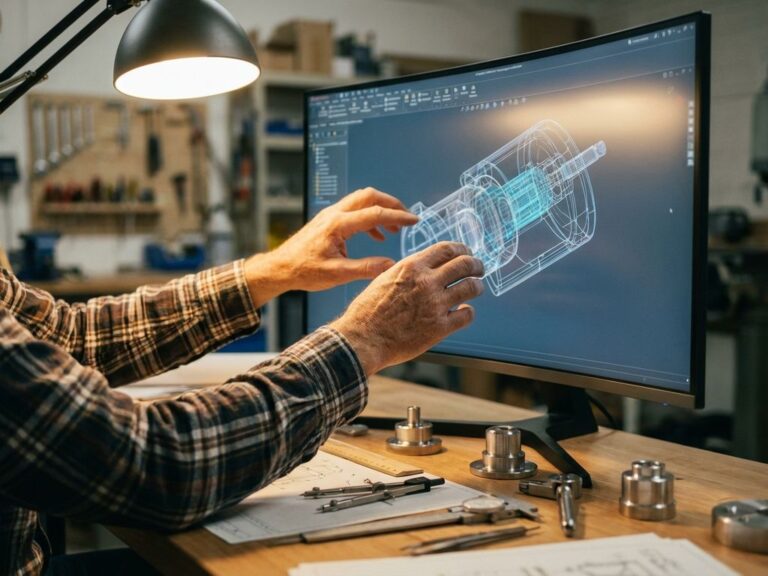 Ingeniero manipulando modelo CAD 3D de componente Mechanical en monitor con herramientas de dibujo y prototipos en estación de trabajo