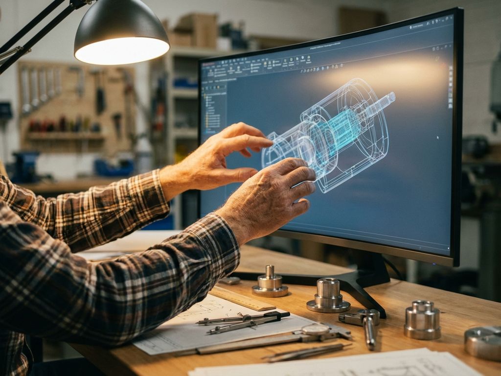 Engineer manipulating 3D CAD model of mechanical component on monitor with drafting tools and prototypes on workstation