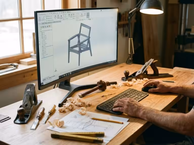Woodworker's hands using computer workstation displaying 3D furniture designs with traditional hand tools on desk