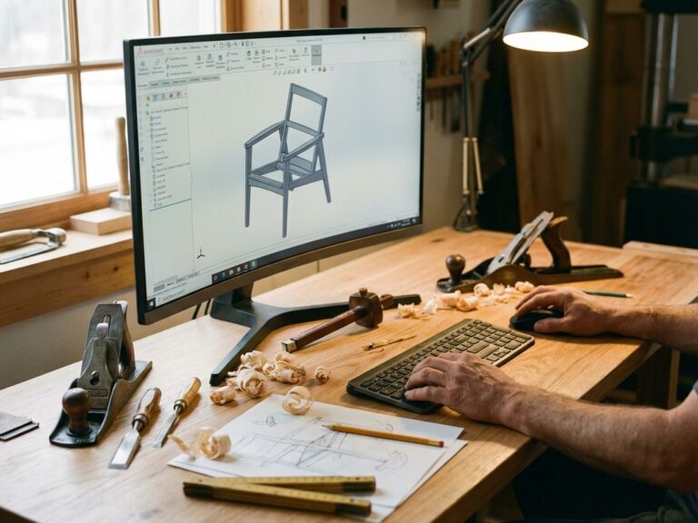 Manos de carpintero utilizando una estación de trabajo informática que muestra diseños de muebles en 3D con herramientas manuales tradicionales sobre un escritorio